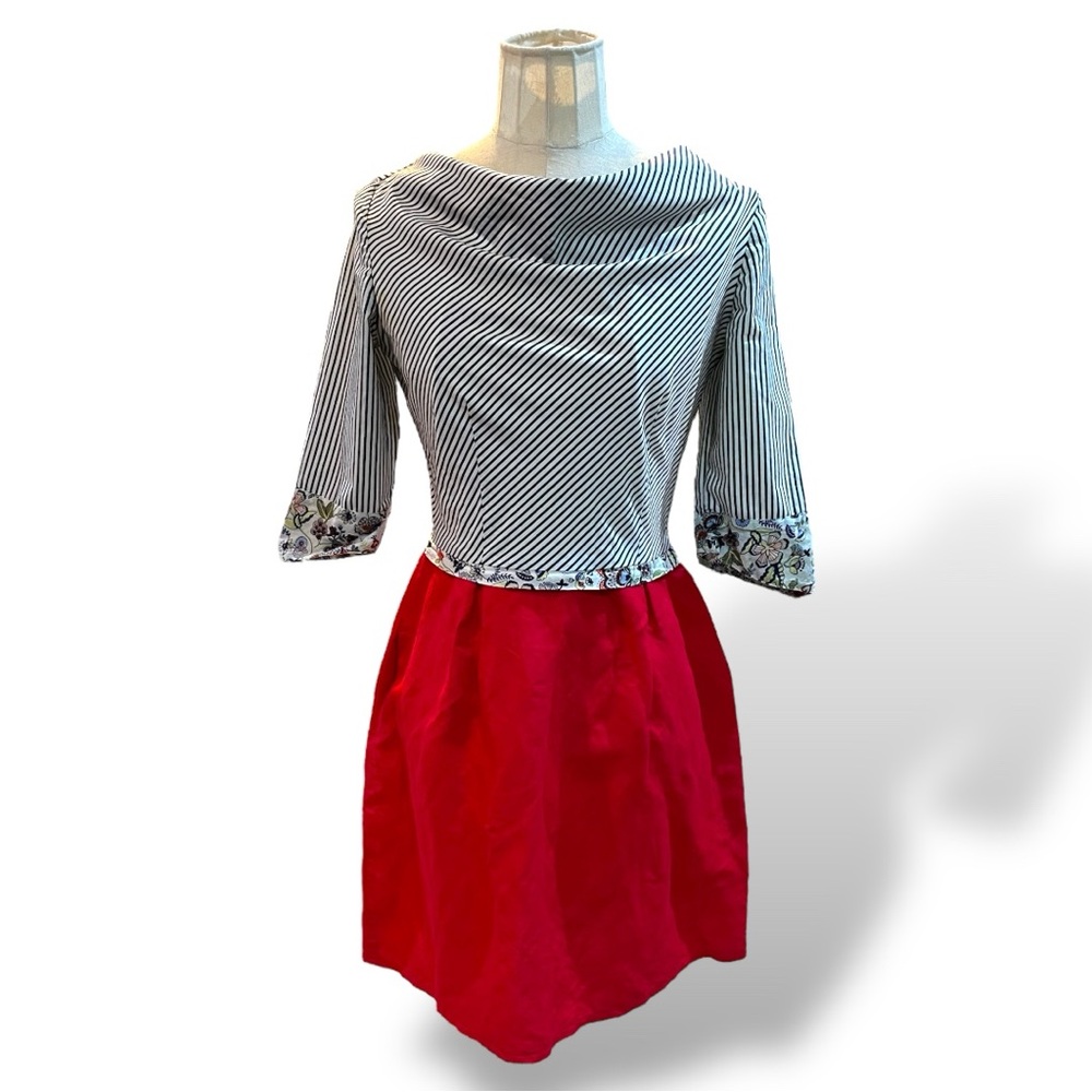 Jennifer Glasgow Dress Cowl Neck, Floral Trim, Red, Stripes XS  Made in Canada
